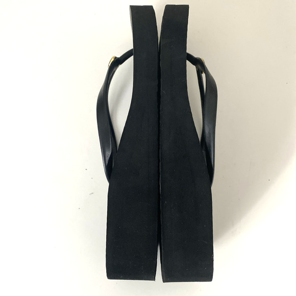 Tory Burch Wedge Flip Flop Sandal Black Thong Toe Gold Logo Slip On Platform 7.5 - Picture 10 of 12